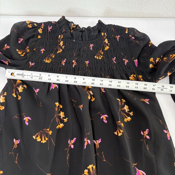 Madewell Georgette Ruffle Collar Smocked Top Size S Black Floral Sheer Sleeves - Picture 10 of 11